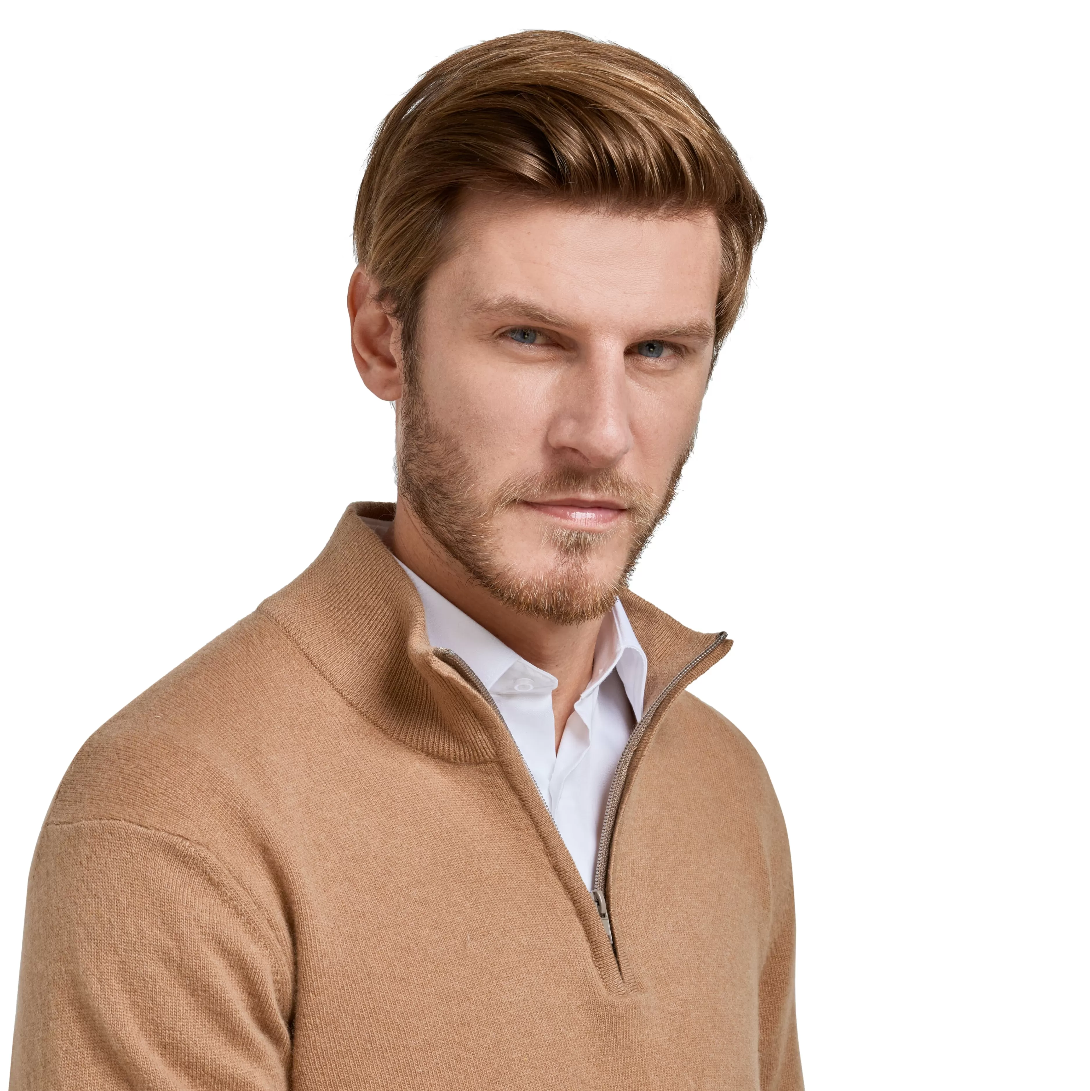 LodinG Pull col zip laine Mérinos et cachemire Camel Cheap